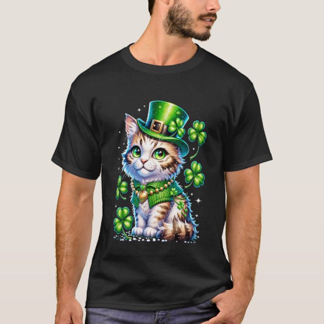 St Patricks Day Katt Leprechaun Hatt Shamrock Flic T Shirt (Framsida)