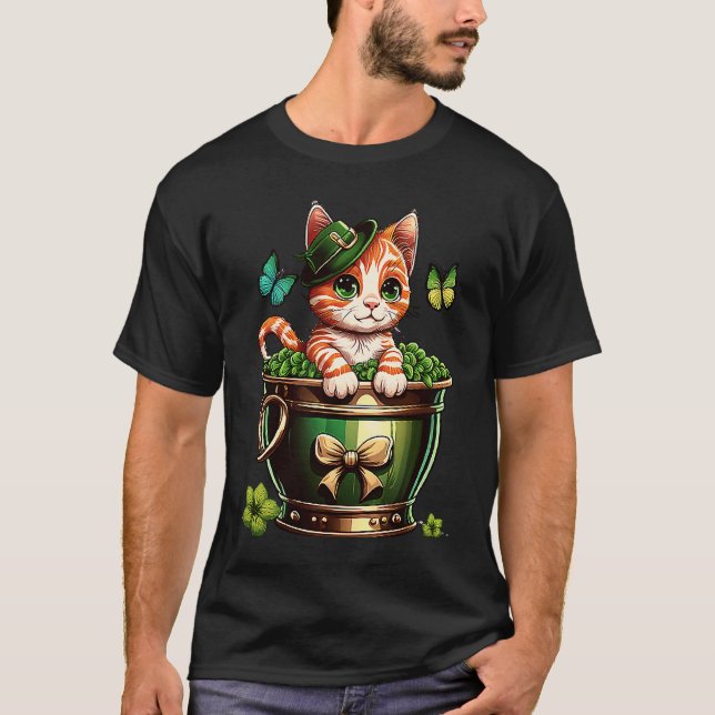 St Patricks Day Katt Leprechaunhatt Guldgryte Sha T Shirt (Framsida)
