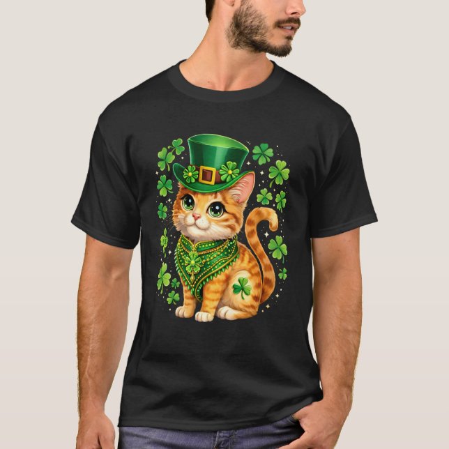 St Patricks Day Katt Leprechaunhatt Shamrock Helgo T Shirt (Framsida)