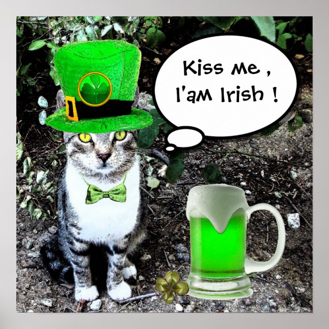 ST PATRICK'S DAY KATT MED GRÖNT IRLÄNDSKT ÖL POSTER (Framsidan)