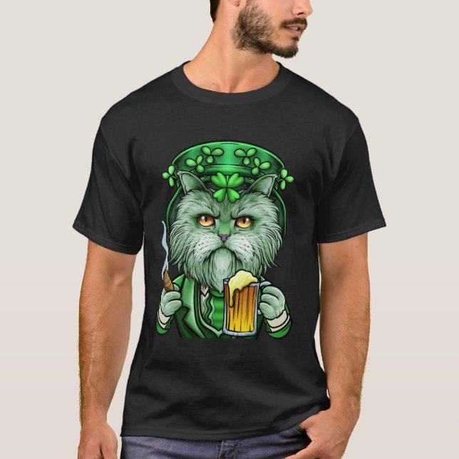 St Patricks Day Katt Tomte Öl Cigarrett Rök Ir T Shirt (Framsida)