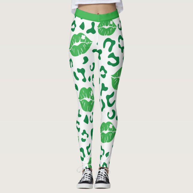 St. Patrick's Day Läppar Kiss Grönt Shamrock Klöve Leggings (Framsida)