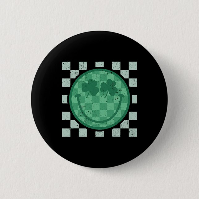 St Patricks Day Leende Shamrock Ansikte Retro Groo Knapp (Framsida)