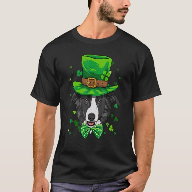 St Patricks Day Leprechaun Border Collie Hund Sham T Shirt (Framsida)