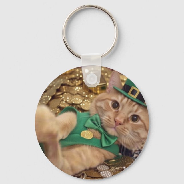 St Patricks Day Leprechaun Katt Nyckelring (Framsida)
