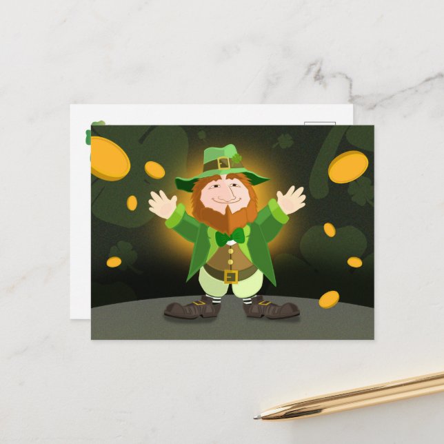 St. Patrick's Day Leprechaun och Guld Vykort (Fram/Back In Situ)