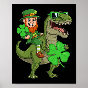 St patricks day Leprechaun Riding T Rex Roligt Din Poster