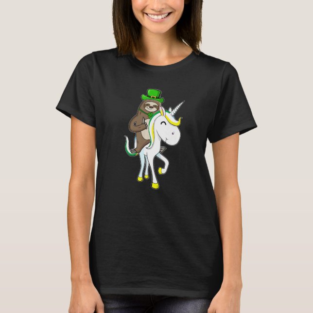 St Patricks Day Leprechaun Sloth Riding Unicorn Fu T Shirt (Framsida)