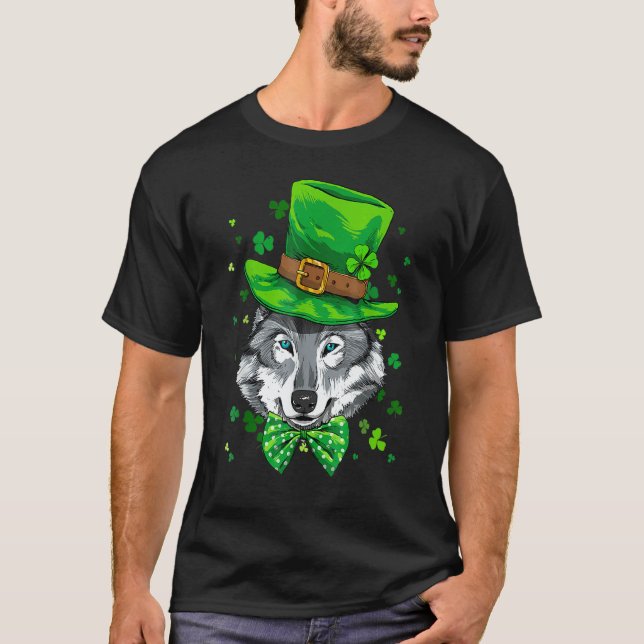 St Patrick's Day Leprechaun Wolf Shamrock Wolf Iri T Shirt (Framsida)