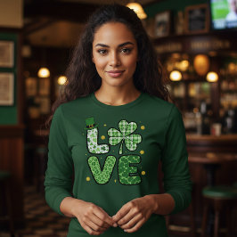 St. Patrick's Day LOVE Green Mixed Patterns Clover T Shirt