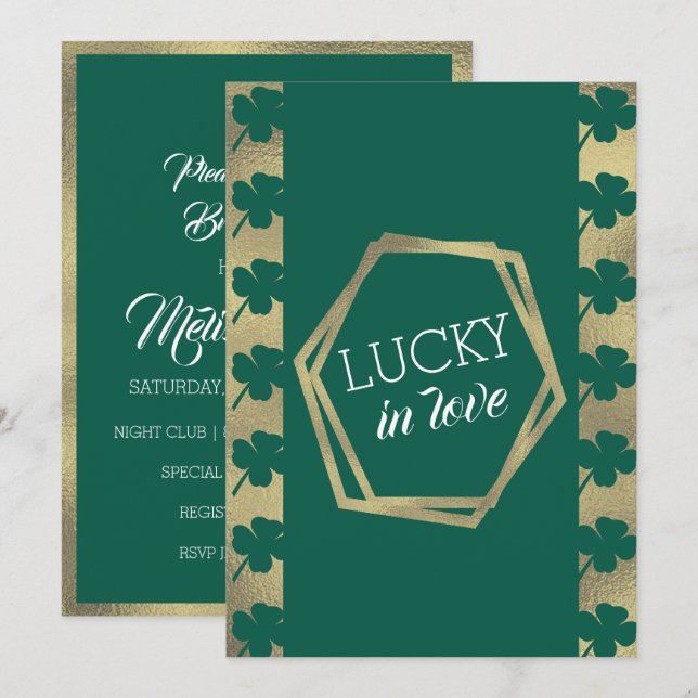 St. Patricks Day Lucky Bröllopsdusch Grön Guld Inbjudningar (Fram/baksida)