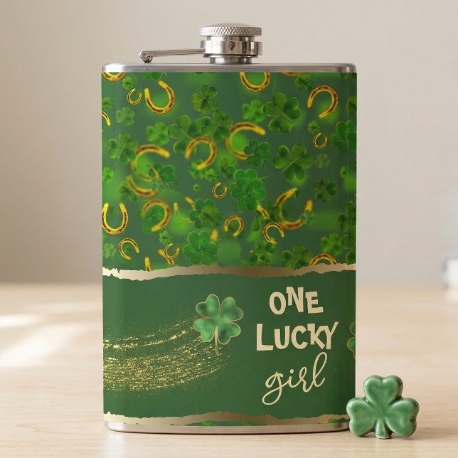 St Patricks Day Lucky Girl Grön & Guld Klöver Fickplunta (St Patricks Day Lucky Girl Green & Gold Clover Flask)