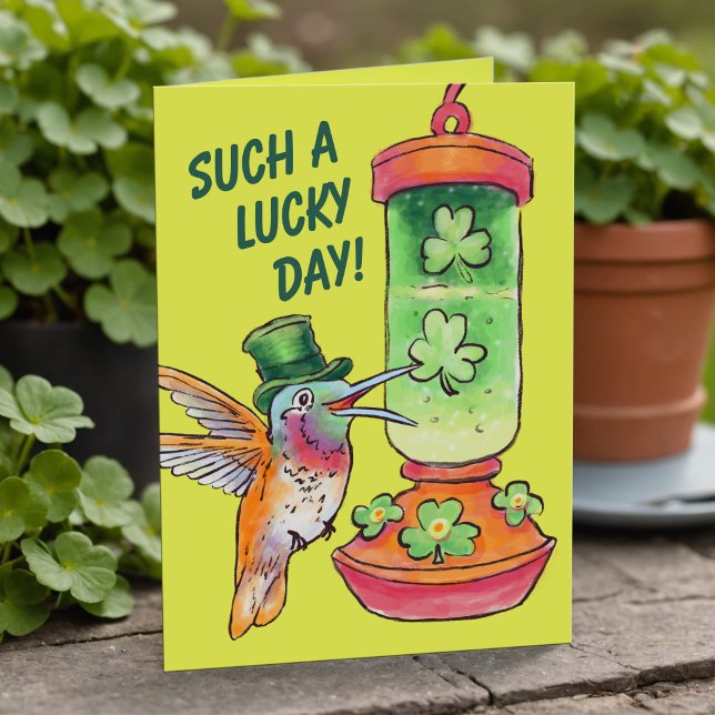 St Patrick's Day Lucky Green Hummingbird Feeder Helgkort (Whimsical hummingbird St. Patrick’s Day card with shamrocks & custom message 🍀)