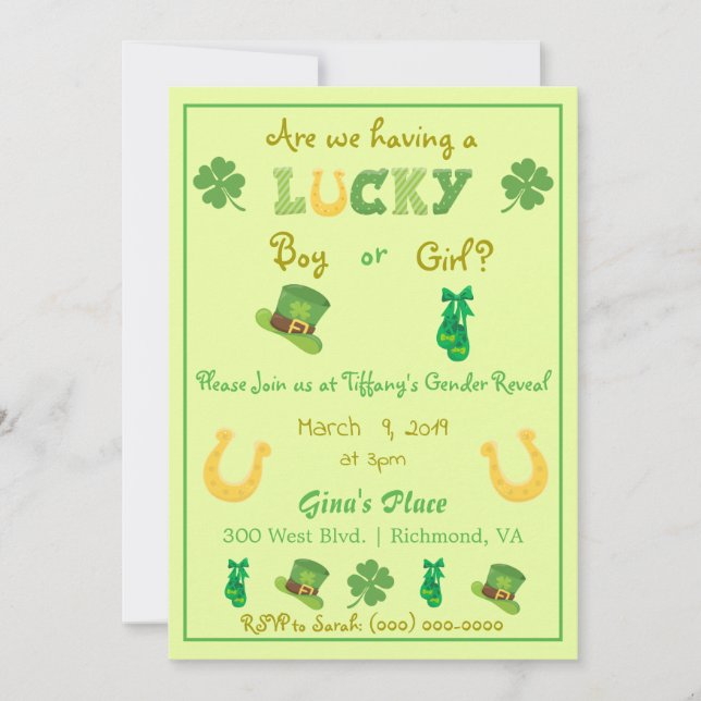 St patrick's day Lucky Klöver Gender Reveal Inbjudningar (Framsida)