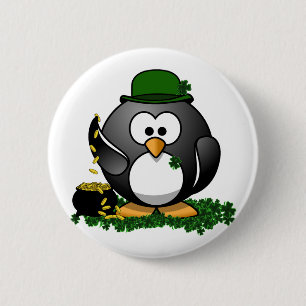 St. Patrick's Day Lycklig Pingvin med Guldgryte Knapp