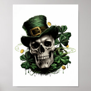 St Patricks Day Mörk irländsk dödskalle med Shamro Poster