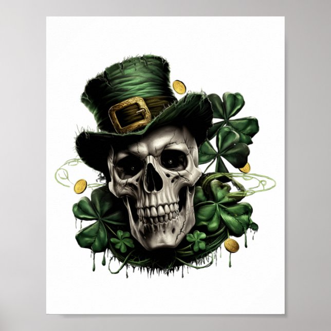 St Patricks Day Mörk irländsk dödskalle med Shamro Poster (Framsidan)