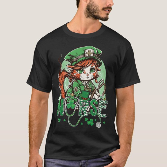 St Patricks Day Nurse Cat Leprechaun Lucky Green P T Shirt (Framsida)