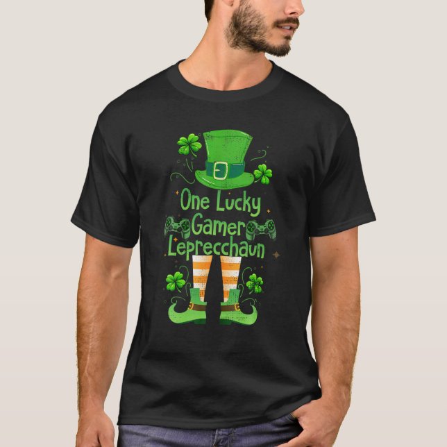 St Patrick's Day One Lucky Gamer Leprecchaun Gamin T Shirt (Framsida)