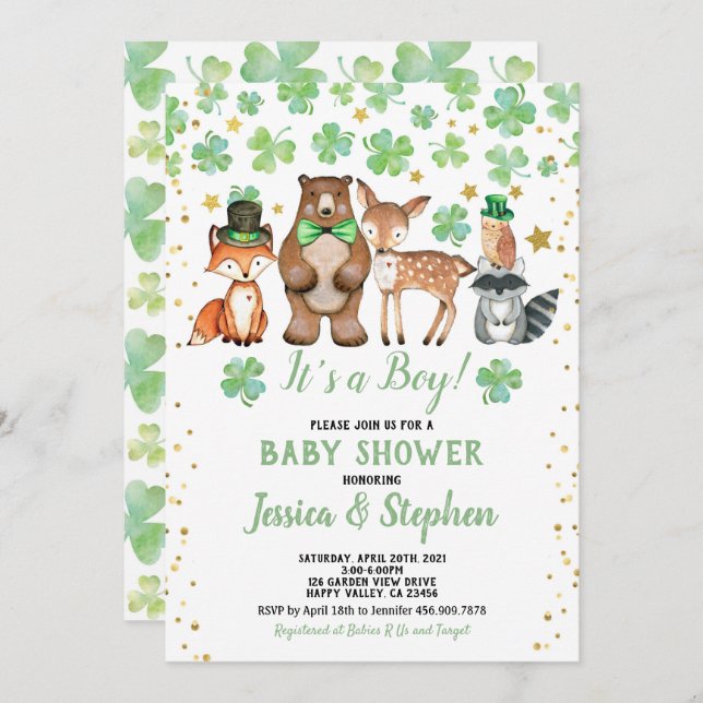 St Patrick's Day Pojke Baby Shower Shamrock Djur Inbjudningar (Fram/baksida)