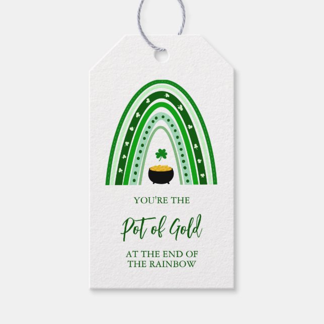 St. Patrick's Day Pot of Guld Boho Rainbow Logotyp Presentetikett (Framsidan)