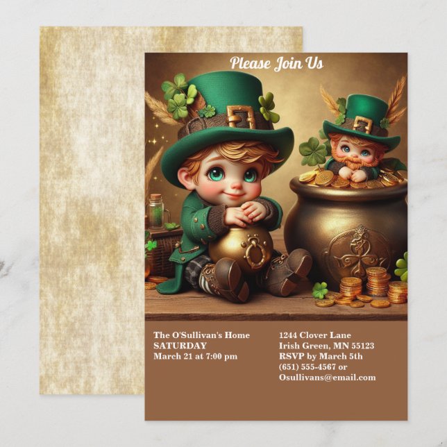 St patrick's day Pot of Guld Boy Leprechaun Party Inbjudningar (Fram/baksida)
