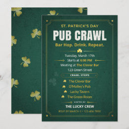 St Patricks Day Pub Crawl-resplan Vintage Grön Inbjudningar