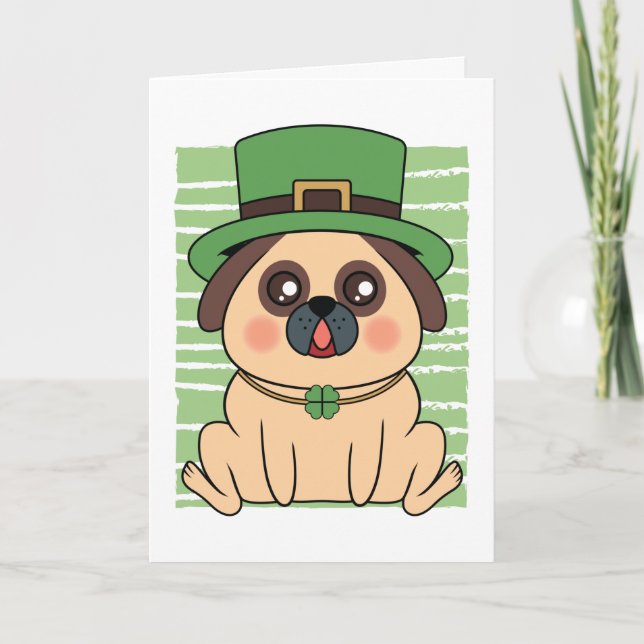 St. Patrick's Day Pug Hund Lucky Shamrock Kort (Framsida)