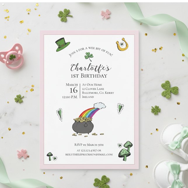 St patricks day Rosa Rainbow 1:a födelsedag Inbjudningar (Irish First Birthday Rainbow Pink Invite. Green Shamrock Pot of Gold St Patrick's Day 1st Birthday)