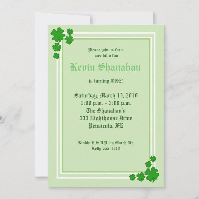 St. Patrick's Day Shamrock Birthday bjudande 5x7 Inbjudningar (Framsida)