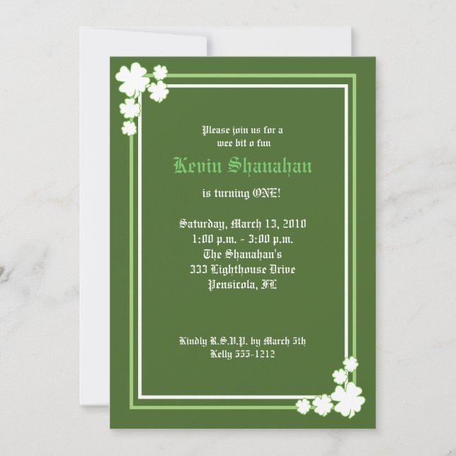 St. Patrick's Day Shamrock Birthday bjudande 5x7 Inbjudningar (Framsida)