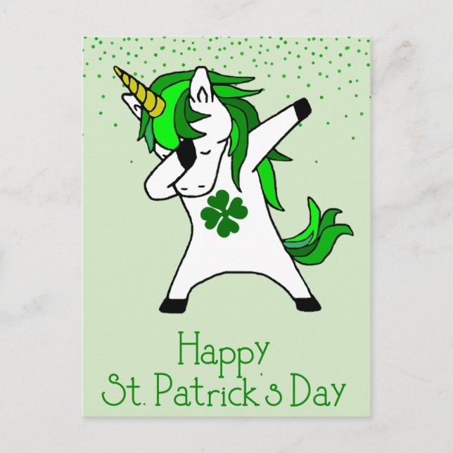 St. Patrick's Day Shamrock Dabbing Unicorn Grönt Vykort (Framsida)