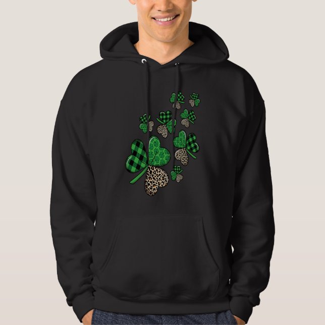 St Patricks Day Shamrock Irish Leopard Print Plaid Hoodie (Framsida)