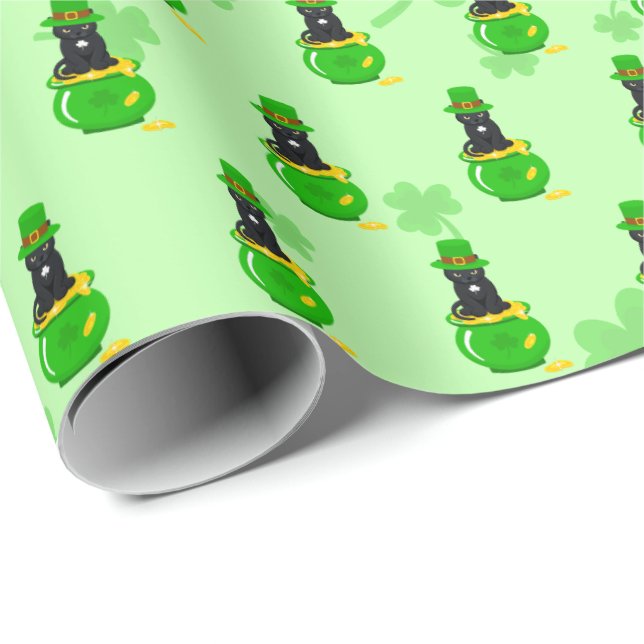 St. Patrick's Day Shamrock Kruk med guld Svart kat Presentpapper (Rullad Hörn)