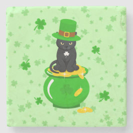 St. Patrick's Day Shamrock Kruk med guld Svart kat Stenunderlägg