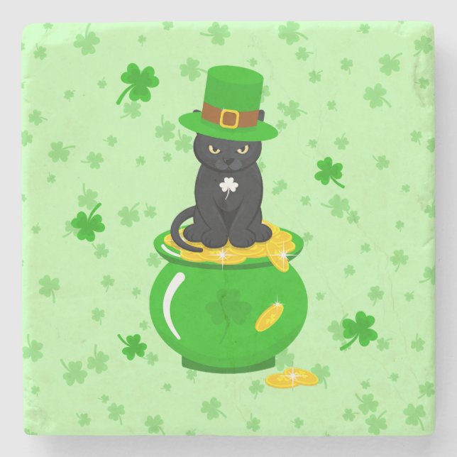 St. Patrick's Day Shamrock Kruk med guld Svart kat Stenunderlägg (Framsidan)