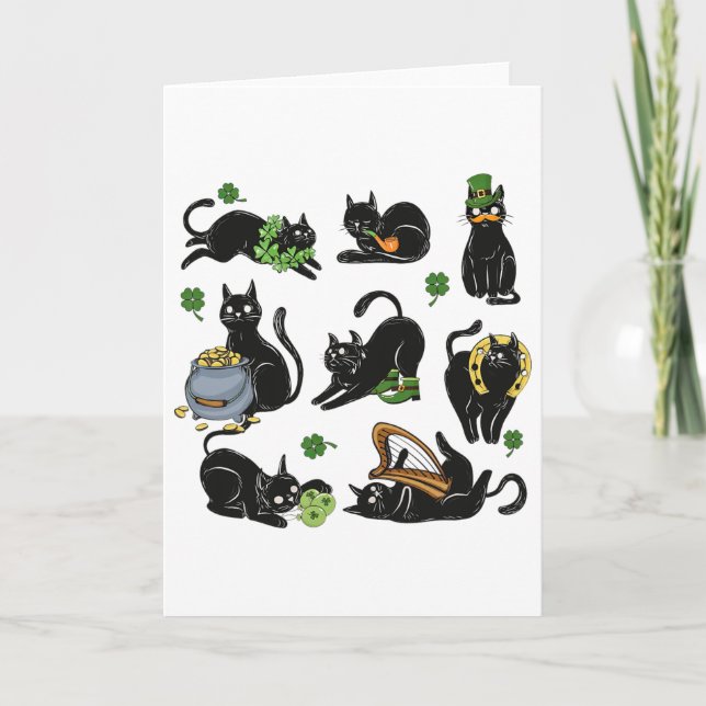 St Patricks Day Shamrock Svart Katt Irländska Katt Kort (Framsida)