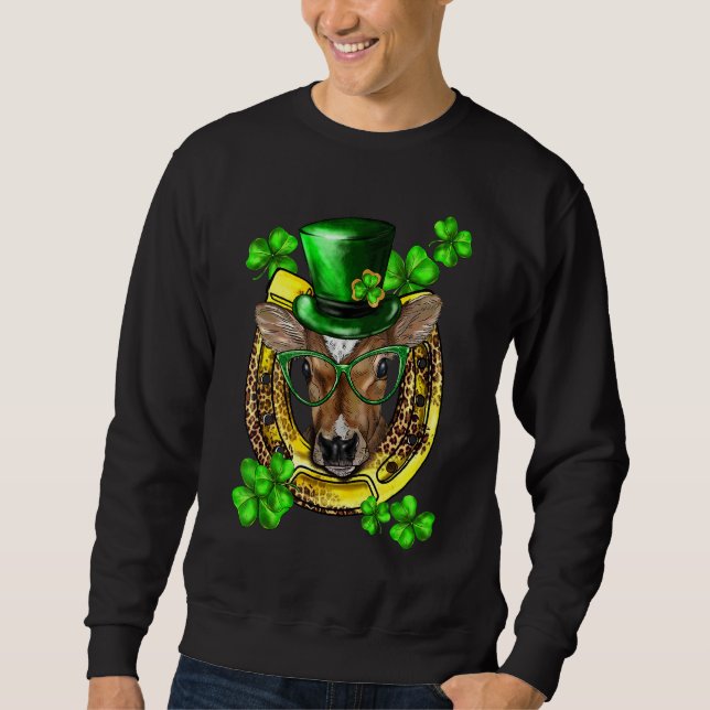 St patricks day Shamrocks Funny Lucky Cow Heifer H Lång Ärmad Tröja (Framsida)