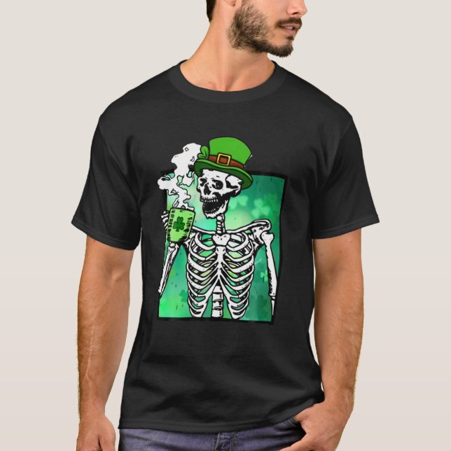 St patrick's day Skeleton Drinking Coffee Irish Sh T Shirt (Framsida)