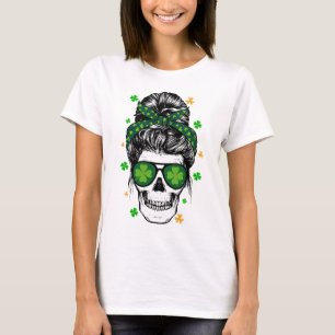 St patricks day Skull Messy Bun Saint Pattys Paddy T Shirt