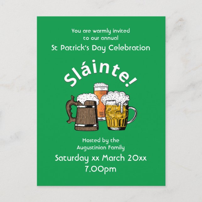 St patricks day Sláinte Cheers & Öl Party Inbjudan Vykort (Framsida)