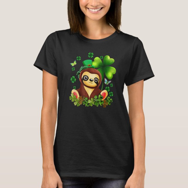 St. Patrick's Day Sloth Green Buffalo Plaid Shamro T Shirt (Framsida)