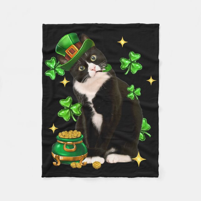 St Patricks Day Söt Smokingkatt Shamrock Irländsk  Fleecefilt (Framsidan)