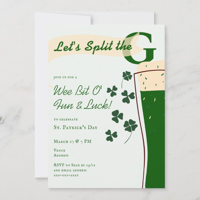 St. Patrick's Day Split The G Pint Utmaning Party Inbjudningar (Framsida)