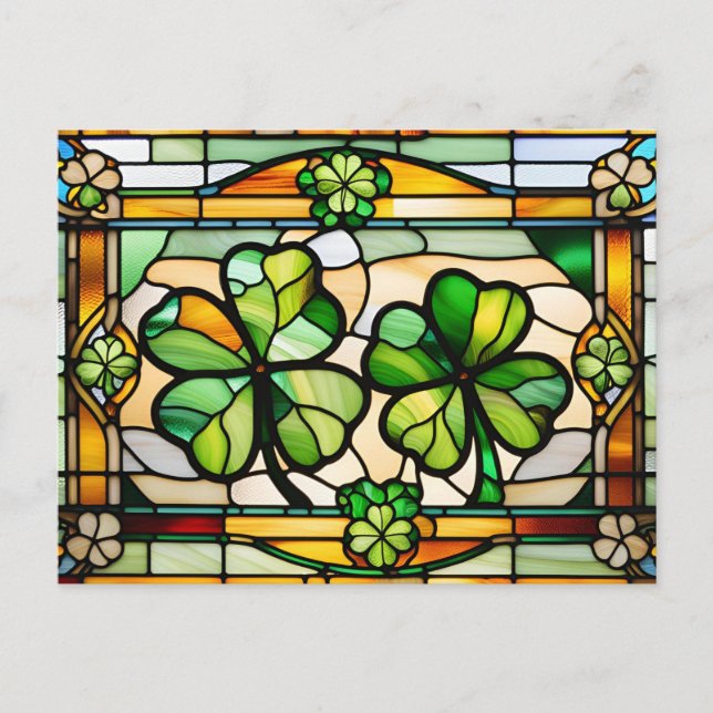 St. Patrick's Day Stached Glass Lucky Klöver Löv Helg Vykort (Framsida)