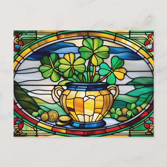 St. Patrick's Day Stached Glass Pot med Klöver Helg Vykort (Framsida)