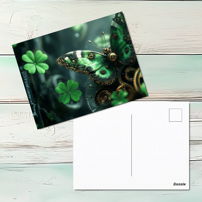 St. Patricks Day Steampunk Butterfly Helg Vykort (Steampunk Green Butterfly St. Patrick's Day postcard)