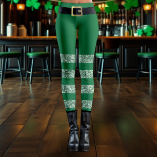 St. Patrick's Day Stripe Grönt Glitter Leprechaun Leggings