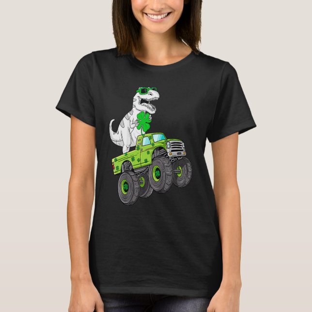 St patricks day T Rex Riding Monster Lastbil Dino  Shirt (Framsida)