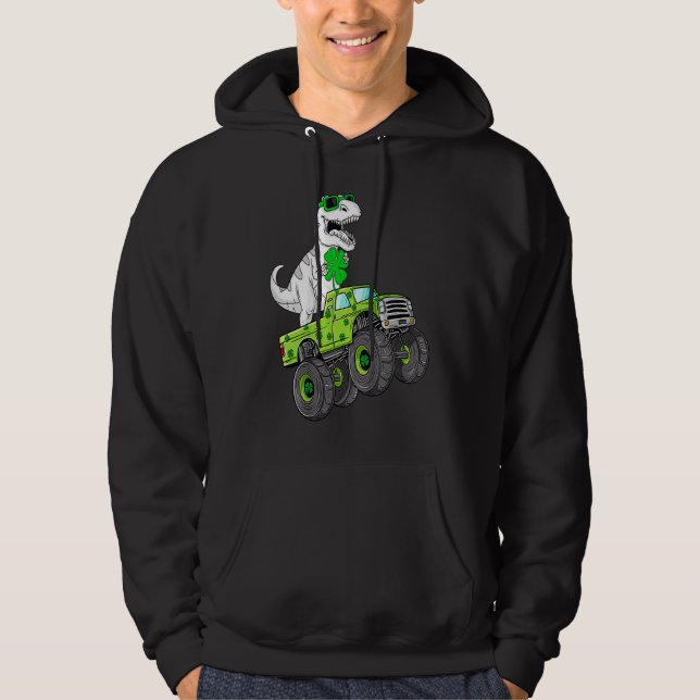 St Patricks Day T Rex Riding Monster Truck Dino To Hoodie (Framsida)